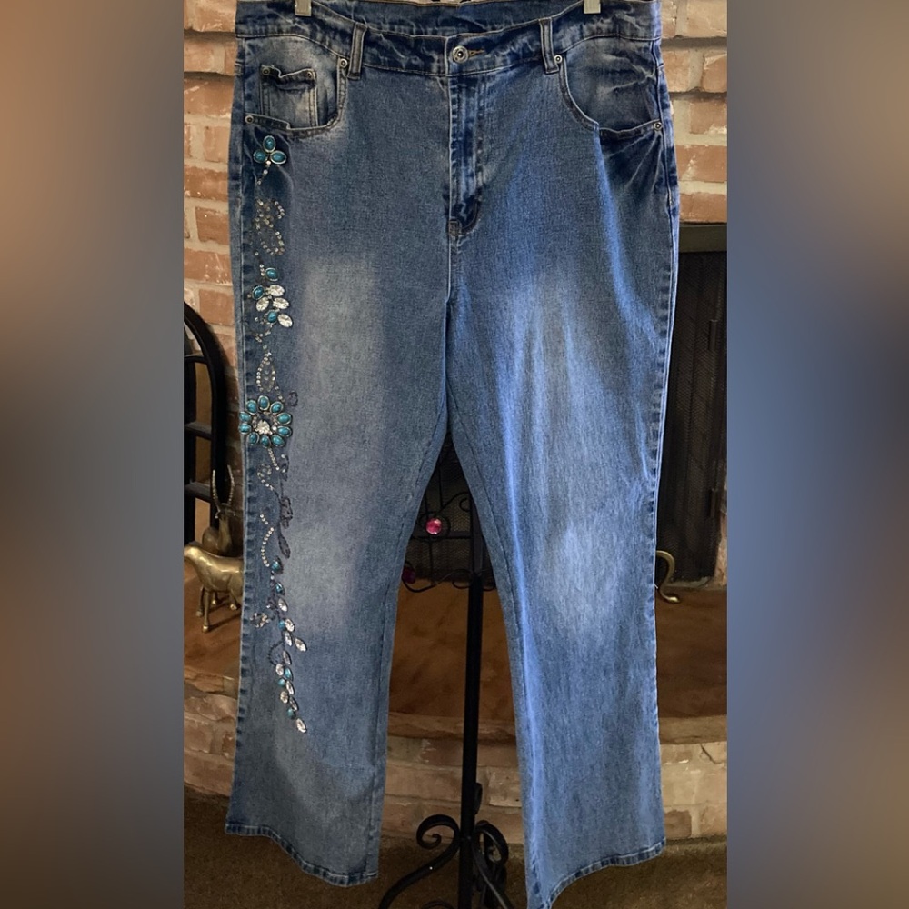 Diane Gilman Turquoise Embellished Boot Cut Leg Jeans